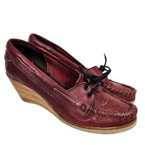 Vintage Fanfares Leather Loafer Red Brown Wedge Moccasin Lace Up Wooden 8 Narrow